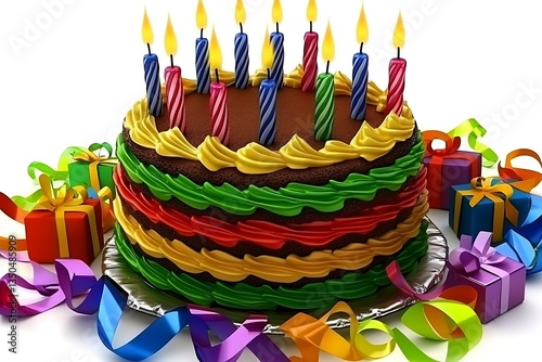 A decorative birthday cake with many candles and presents is featured