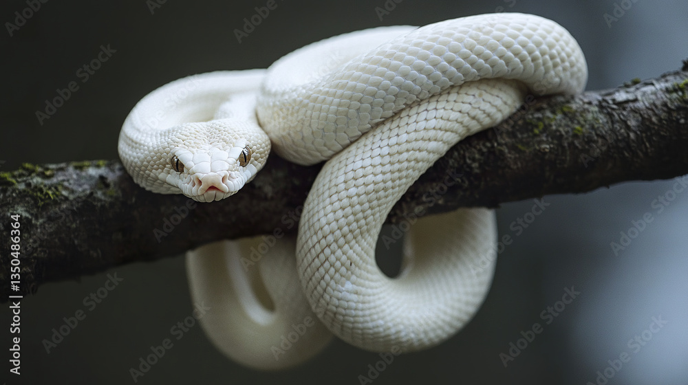Fototapeta premium White snake coiled on tree branch in natural setting