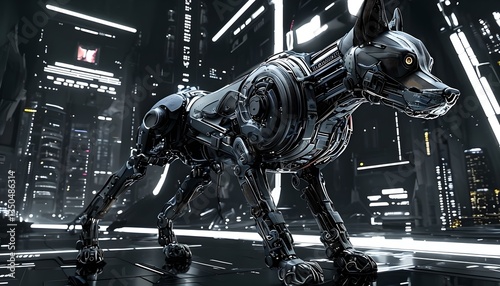 Precision-Engineered Biomechanical Robotic Dog With Graphene Composite In Cyberpunk Cityscape