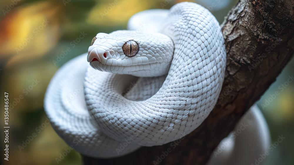 Fototapeta premium Close up of white snake coiled around tree branch