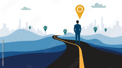 Success roadmap journey, milestone or career path achievement, route or pathway to achieve goals, accomplishment, assessment or way to success, businessman look at achievement milestone to success