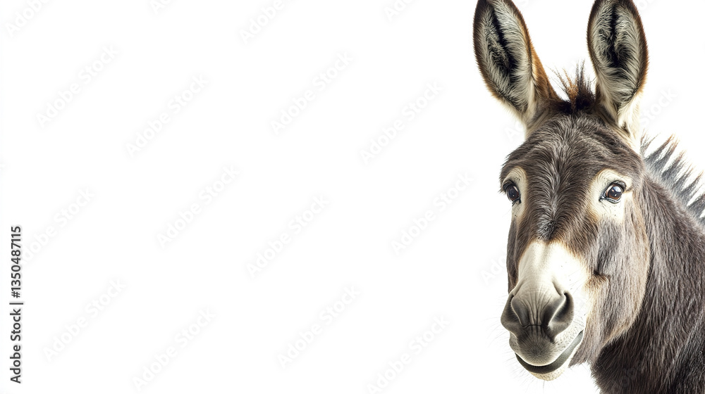 Naklejka premium Donkey peeking into frame from right on white background