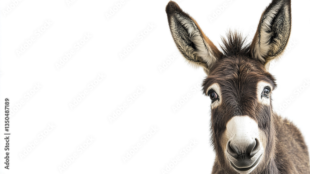 Donkey peeking into frame from right on white background Donkey peeking into frame from right on white background