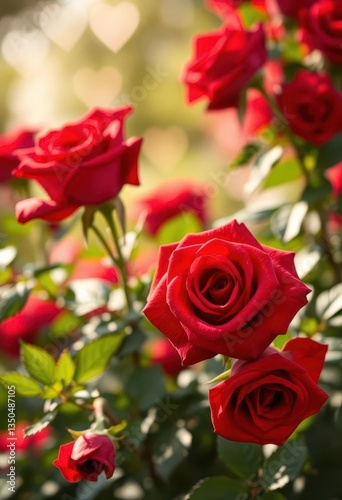 Romantic red roses, lush greenery, soft lighting, heart-shaped bokeh, pretty, spring