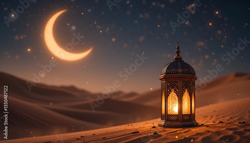Glowing lantern on sand dunes under a crescent moon in a serene night desert landscape view
