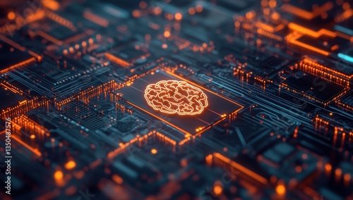 Abstract digital representation of artificial intelligence with a brain symbol on an intricate circuit board background in vibrant orange and blue hues