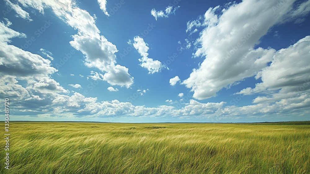 Obraz premium Expansive grassy plain under brilliant sky with soft wind