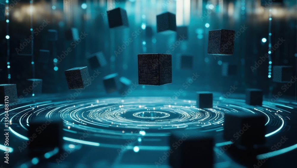 Abstract digital scene with floating geometric shapes in a futuristic environment featuring glowing lines and a captivating visual effect on an unknown axis