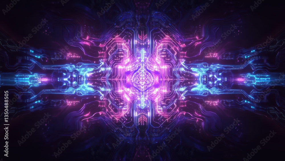 Fototapeta premium Abstract digital technology background with glowing neon circuits and lines, vibrant colors, and futuristic patterns representing data flow and connectivity