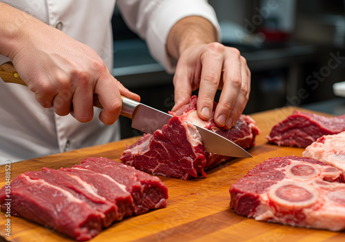 Butcher’s Hands Trimming Fresh Beef on Wooden Cutting Board