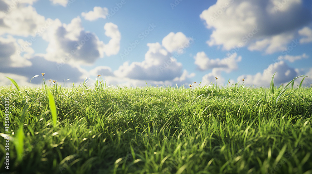Fototapeta premium Lush green meadow under bright blue sky with fluffy clouds