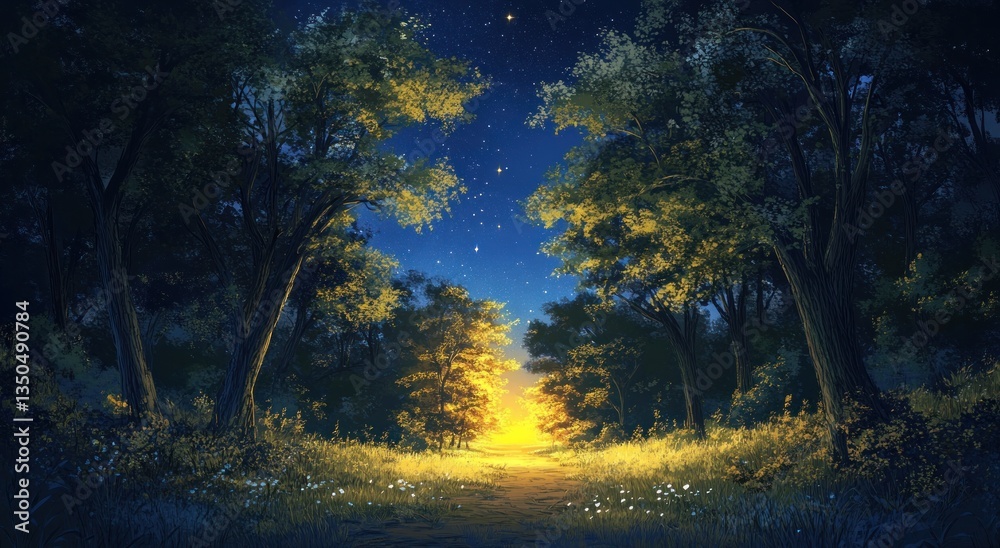 Naklejka premium A pathway through a nighttime forest illuminated by golden light