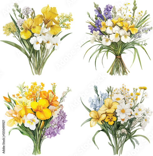 Assorted flower bouquets watercolor painting on Transparent Background