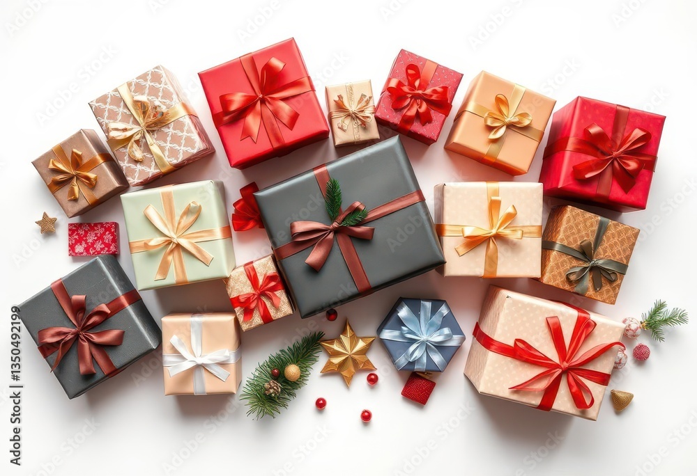 A tabletop display of diverse wrapped Christmas presents on a pristine white background, holiday season, colorful A tabletop display of diverse wrapped Christmas presents on a pristine white background, holiday season, colorful