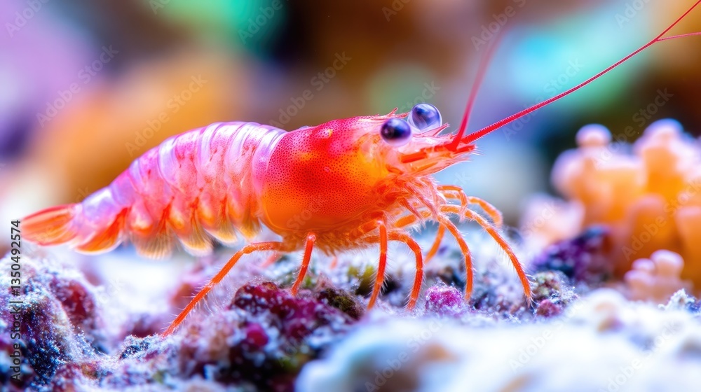Vibrant red shrimp on coral. A close-up of a colorful shrimp, detailed view of its body and antennae Vibrant red shrimp on coral. A close-up of a colorful shrimp, detailed view of its body and antennae