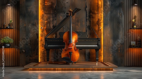 Elegant grand piano and cello in modern interior with warm lighting and stylish decor
