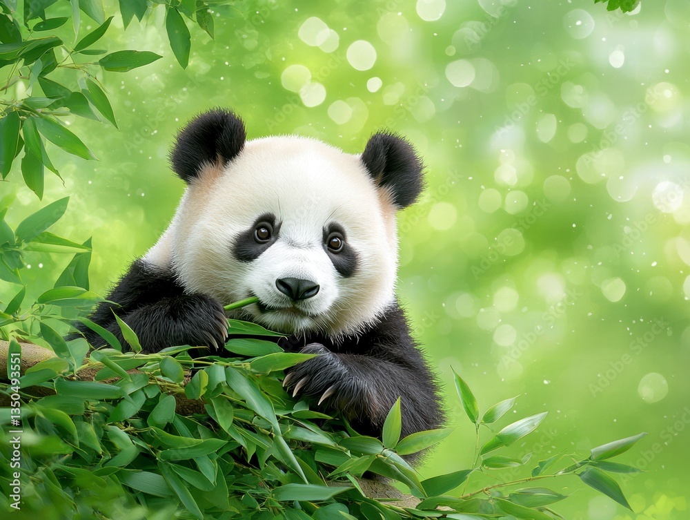 Fototapeta premium Adorable Panda Cub Eating Bamboo in Lush Green Forest