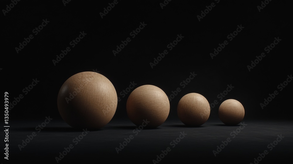 Natural wooden balls in different sizes with earthy textures in a simple and harmonious arrangement. Natural wooden balls in different sizes with earthy textures in a simple and harmonious arrangement.