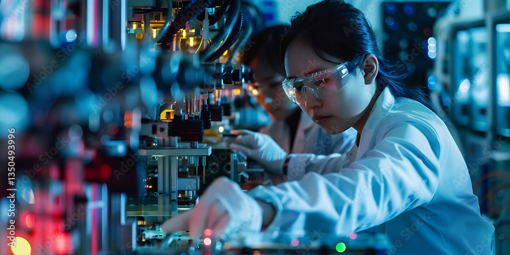 Female Scientist Working on Advanced Equipment, Researchers Analyzing Complex Laboratory Instruments Female Scientist Working on Advanced Equipment, Researchers Analyzing Complex Laboratory Instruments