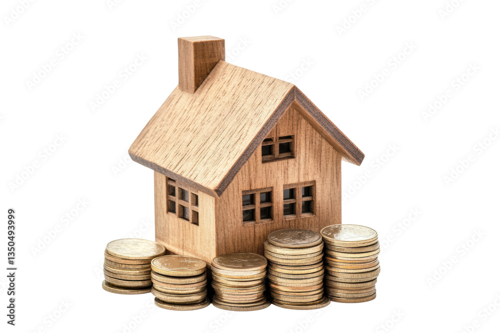 Wooden house on stack of coins isolated on transparent or white background, png Wooden house on stack of coins isolated on transparent or white background, png