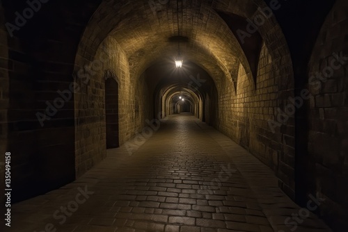 Ancient subterranean passageway.  Dimly lit stone corridor extends into the distance.  Cobblestone floor and arched stone walls