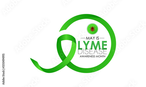 Vector illustration of lyme disease awareness month is observed every year in May. Promote measures to prevent tick bites. Green Realistic Ribbon and tick parasitic arachnid silhouette icon banner.