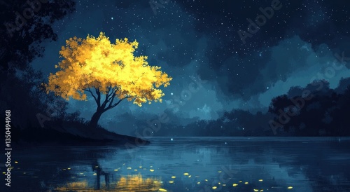 A radiant golden tree illuminates a tranquil night time landscape scene