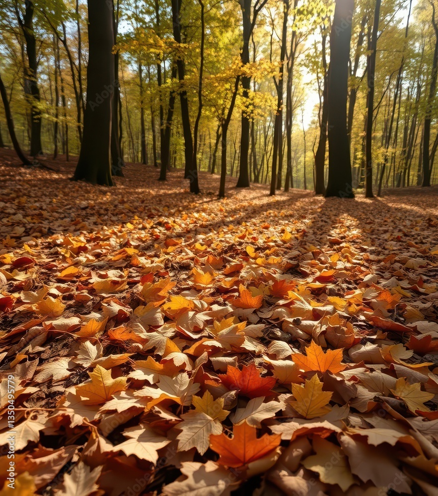 Forest floor strewn with autumn leaves, dappled sunlight creates natural camouflage, leaf litter, hunting, earth tones Forest floor strewn with autumn leaves, dappled sunlight creates natural camouflage, leaf litter, hunting, earth tones