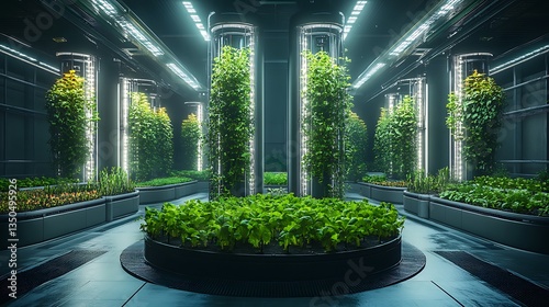 A futuristic vertical farm, with multiple levels of stacked aquaculture towers growing vegetables and herbs in an indoor setting.
