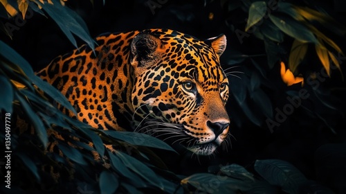 Close Up Portrait of a Jaguar Emerging from Dense Green Foliage in Natural Habitat