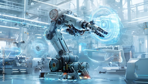 Autonomous Robotic Arm With Titanium Alloy In High-Tech Industrial Facility