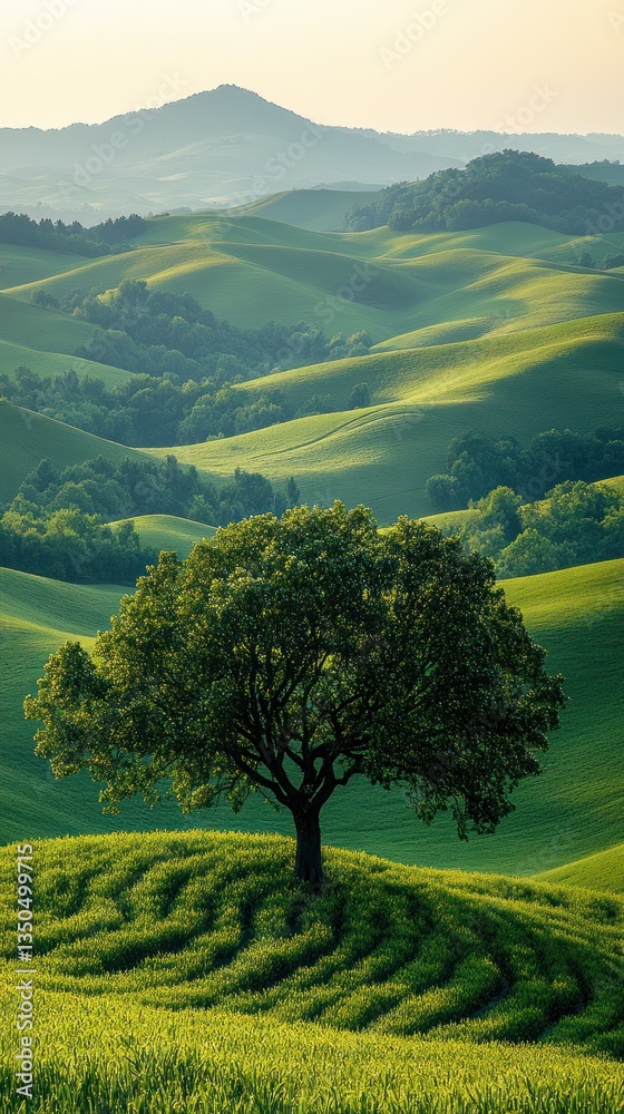 Obraz premium Serene Green Hills: A Lone Tree in Rolling Landscape