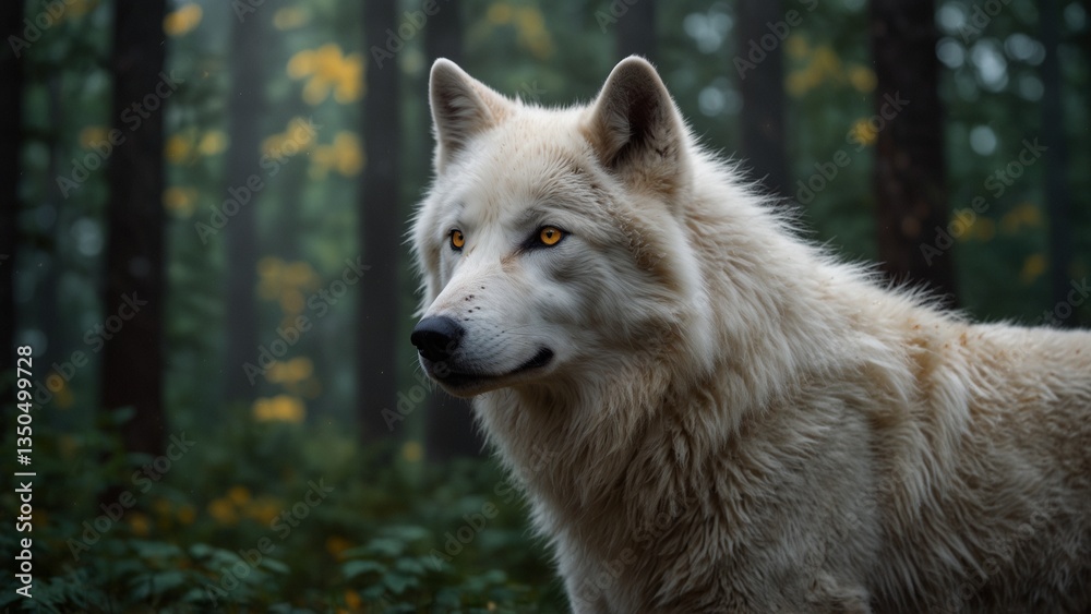 A majestic white wolf with piercing yellow eyes, standing tall in a dense forest. A majestic white wolf with piercing yellow eyes, standing tall in a dense forest.