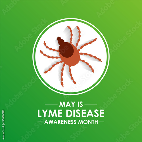 Vector illustration of lyme disease awareness month is observed every year in May. Promote measures to prevent tick bites. Green Realistic Ribbon and tick parasitic arachnid silhouette icon banner.