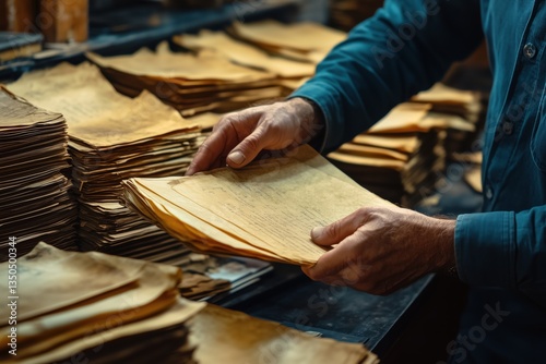 A person document specialist examining old, yellowed documents in a dimly lit archive. Stacks of aged papers are visible, creating a sense of history and nostalgia.
