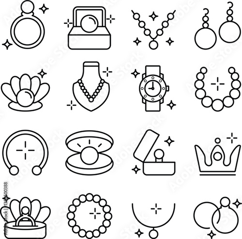 Pearl icon set. Includes of natural pearl, pearl jewelry, pearl necklace, pearl earrings, and More. Outline icons vector collection