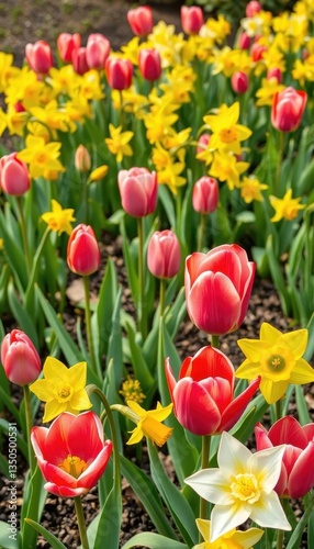 Vibrant spring blooms of tulips and daffodils in a garden, outdoor, petals, field