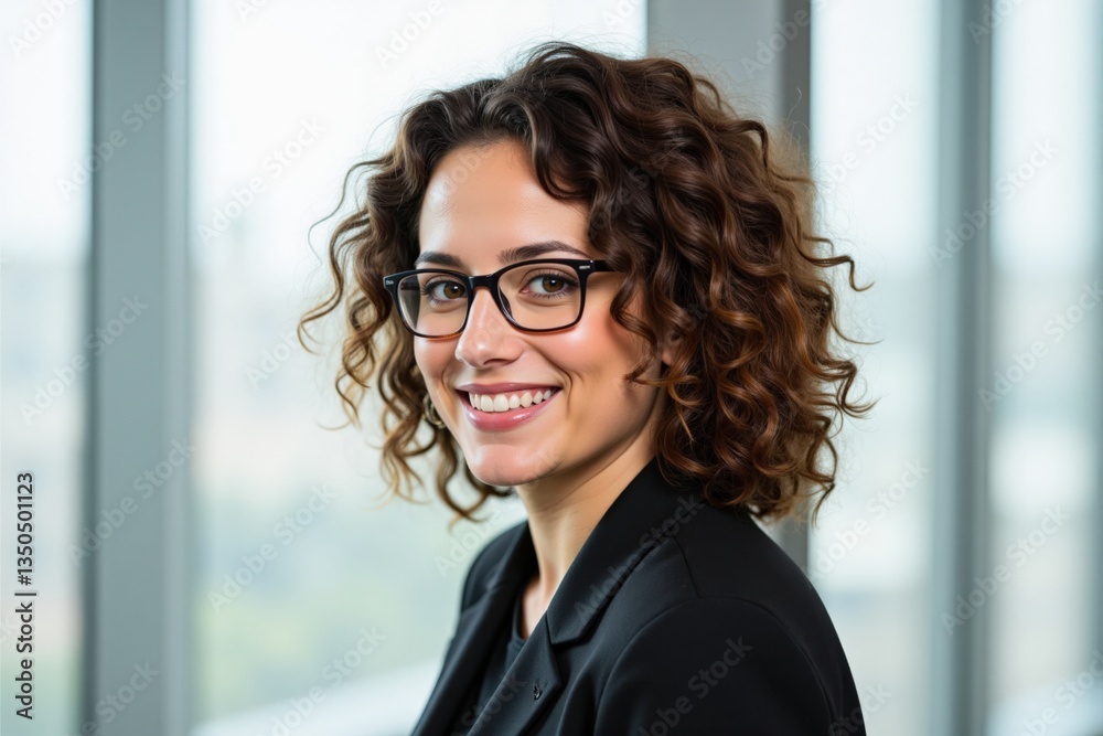 Confident Young Woman with Curly Hair and Glasses Smiling in a Modern Office Setting with Large Windows Showcasing a Cityscape Background Confident Young Woman with Curly Hair and Glasses Smiling in a Modern Office Setting with Large Windows Showcasing a Cityscape Background