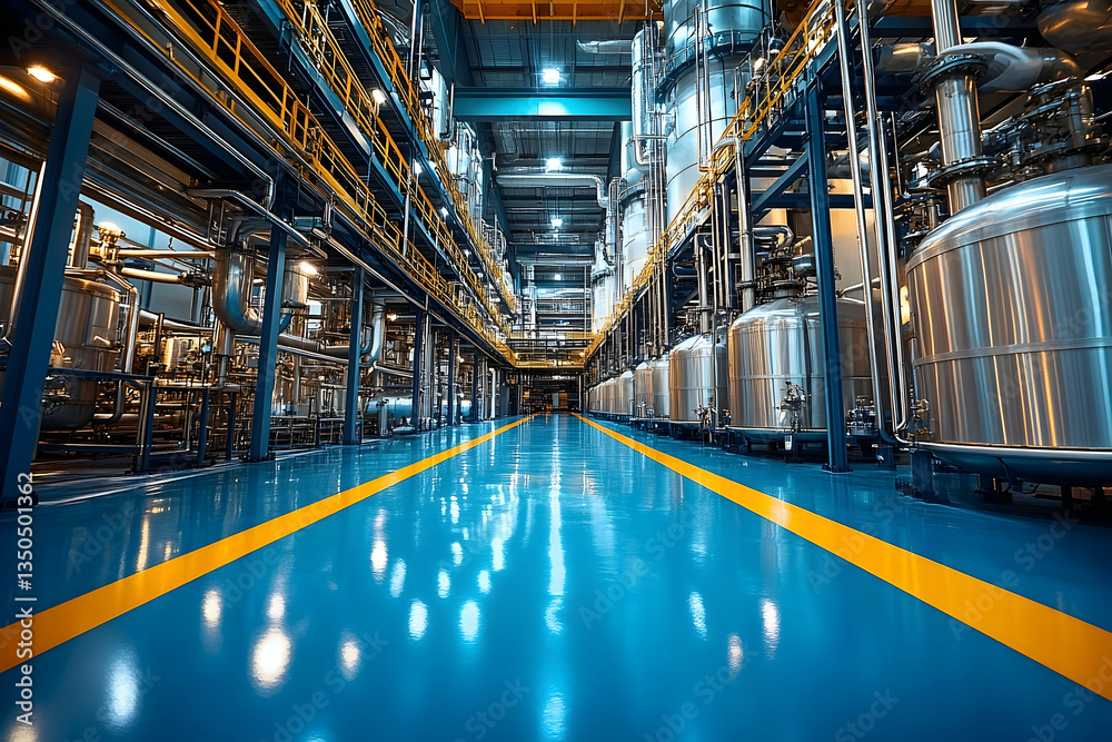 Fototapeta premium Industrial plant interior, metal machinery, corridor