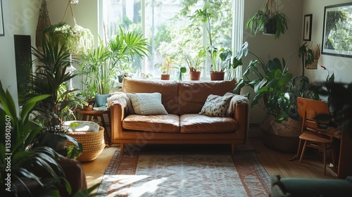 A light filled living room filled with various house plants
