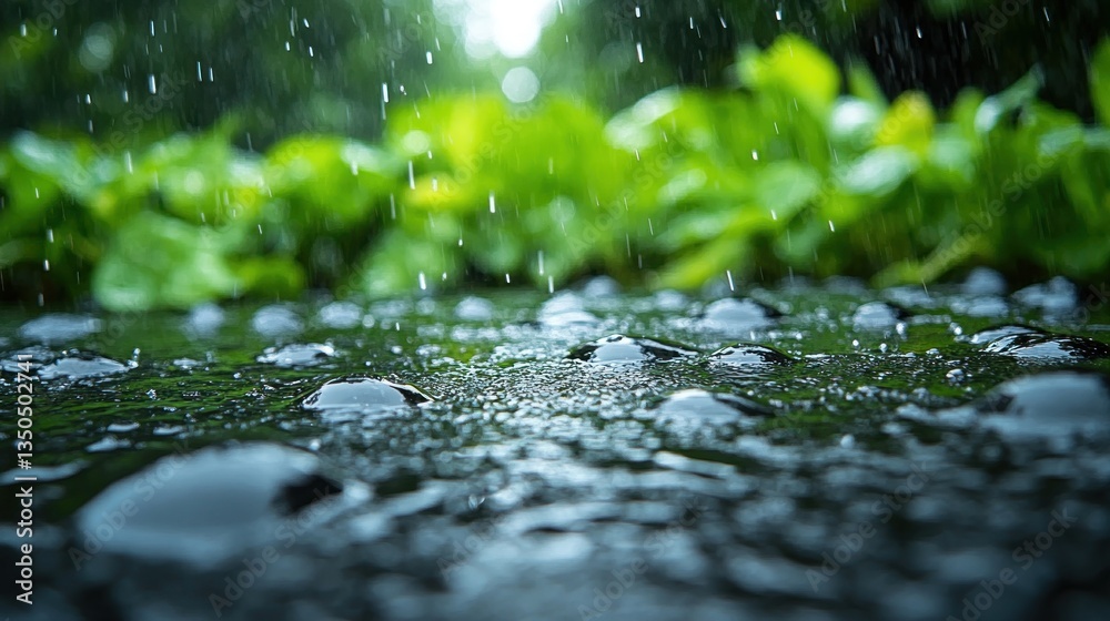 Fototapeta premium Raindrops on a Dark Surface, Lush Greenery Background