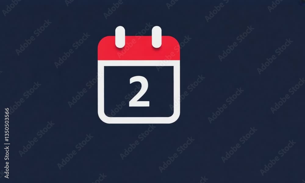 Simple red and white calendar icon with the number two on a dark blue backdrop