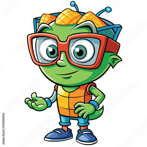 Cute, friendly alien character with glasses and corn on the head