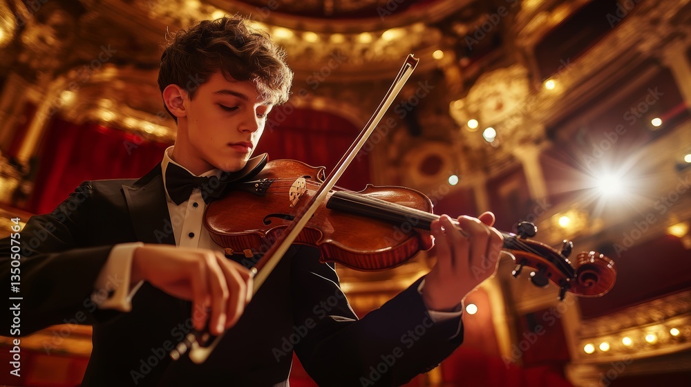 Fototapeta premium Elegant musician plays violin in opulent theater setting