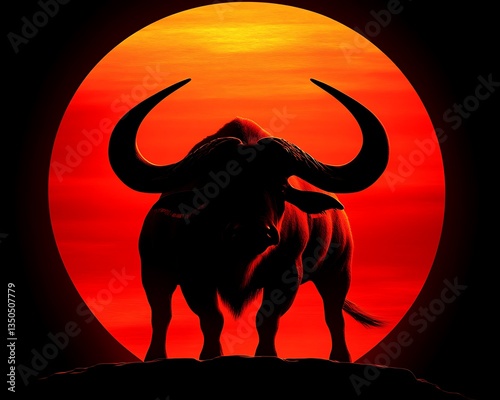 A silhouette of a large bull stands before a fiery sunset backdrop