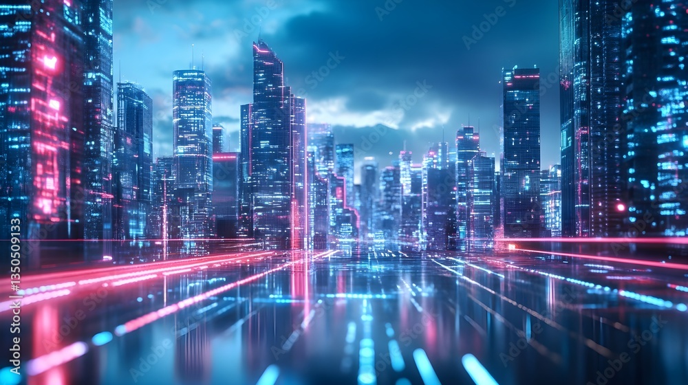 Neon Cityscape at Night: A futuristic cityscape at night, illuminated by vibrant neon lights in shades of pink and blue. The city's skyscrapers reflect in the wet streets. Neon Cityscape at Night: A futuristic cityscape at night, illuminated by vibrant neon lights in shades of pink and blue. The city's skyscrapers reflect in the wet streets.