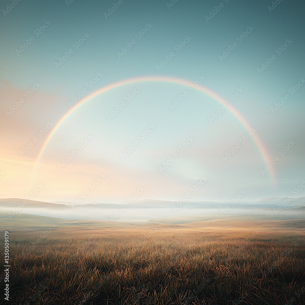 Sunrise Rainbow over Misty Field. Sunrise Rainbow over Misty Field.