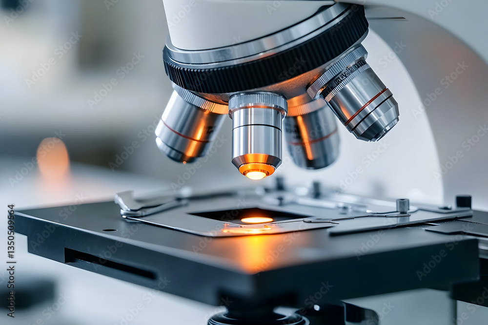 Focused microscope lens over sample in lab