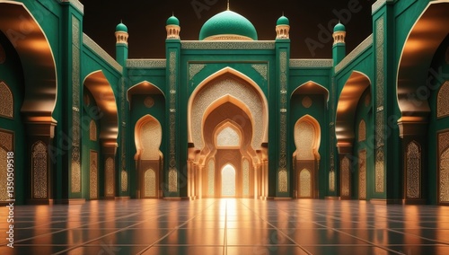Luxurious islamic golden background. Elegant mosque background. Green islamic golden ceremony award stage venue background. 