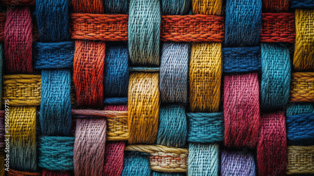 Colorful woven texture showcasing intricate patterns and vibrant hues in a textile design Colorful woven texture showcasing intricate patterns and vibrant hues in a textile design